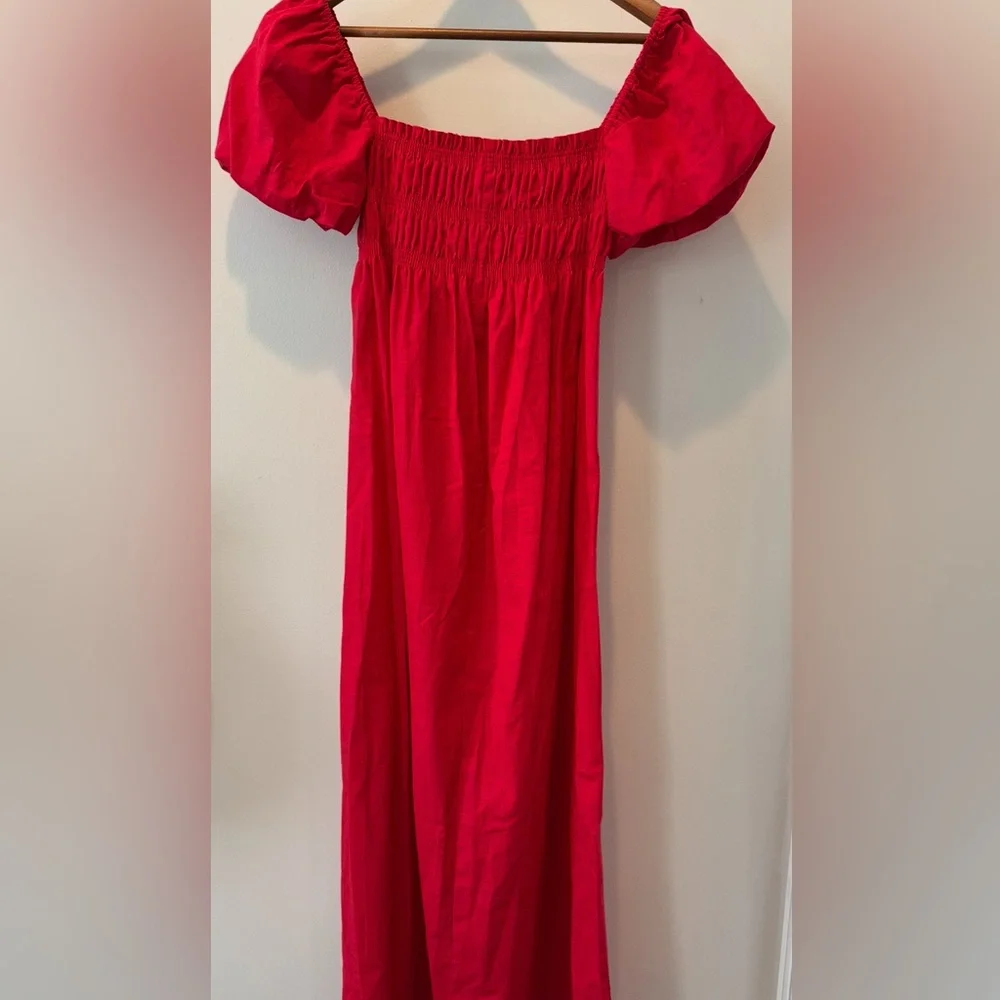 Red Smocked Maxi Dress Linen Blend Puff Sleeve Cottagecore M Kourt - Picture 2 of 6